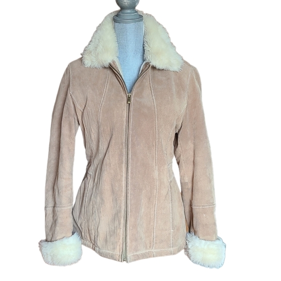 Women's Tan Suede Jacket with Cream Fur Trim - Picture 1 of 15